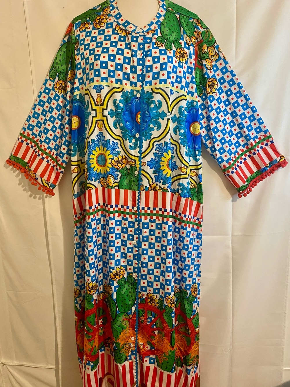Colorful Floral & Geometric Maxi Shirt Dress in Blue, Red and Green